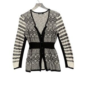 NIC+ZOE Womens Cardigan‎ Sweater Medium Black Beige Patterned Knit Button Up